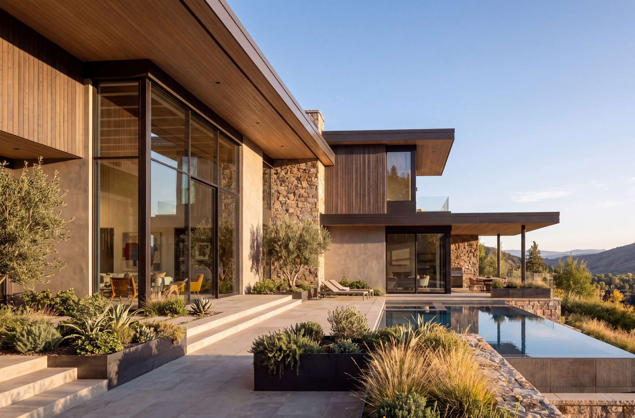 Villa con piscina e rivestimenti in legno